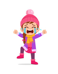 sad cute little kid cry and wear jacket in winter season. child scream crying wearing warm clothes