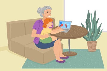 Grandmother does homework with her grandson. Online education, watching cartoons on a laptop. Vector drawing