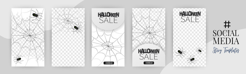 Halloween social media banners. Insta stories set, trick or treat concept. 31 october holiday party poster. Background with spider and web. Realistic vector illustration.