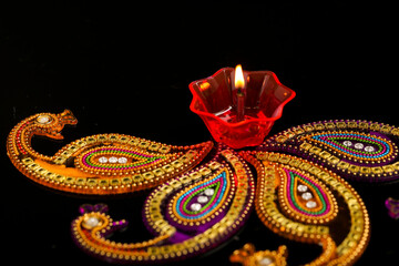Indian festival diwali , Colorful lamps of oil on dark background