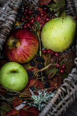 Autumn harvest. Basket with pear, two apples, blackberries,  guelder rose berries and red leaves.