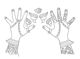 Hands with rings, baroque pearls, shells, animal print isolated on white. Hand painted fashion illustration, stylish jewelry. Dud and Zen, meditation, relaxation. Coloring book, page.