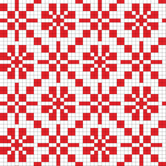 Fototapeta premium Seamless jacquard ornament for clothes. Festive Scandinavian ornament. Bright textiles for fashionable winter clothes. Christmas seamless knitted pattern.