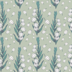 Seamless botanical mint color pattern with white bells