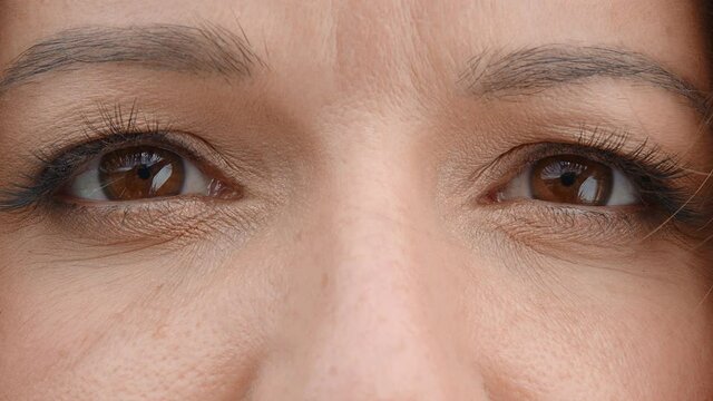 Brown woman eyes close up. Women's eyes are brown, slowly closing and opening. Perfect female eyes.
