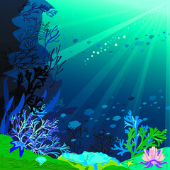 Fototapeta na wymiar Silhouette of an underwater scene on the background of a coral reef