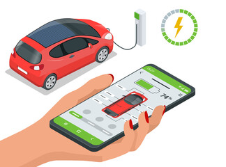 Isometric concept of electric vehicle charge, mobile application for charge management. Car fuel manager smartphone interface.