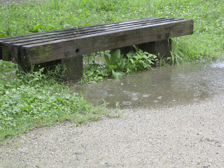 雨にぬれた公園の木のベンチ