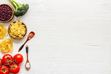 Vegan food cooking ingredients - vegetables and herbs top view