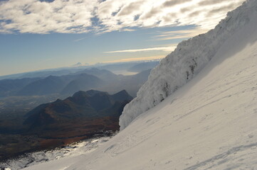 Mountain climbing in the sunrise on Volcan Villarrica in Pucon, Chile