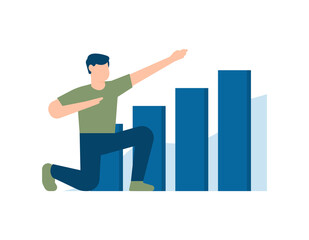 illustration of a man squatting and raising his hands up next to increasing data graph. business improvement concept. flat style. design element