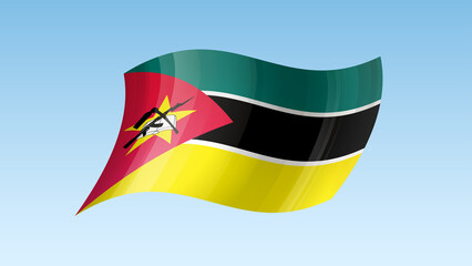 Mozambique flag state symbol isolated on background national banner. Greeting card National Independence Day of the Republic of Mozambique. Illustration banner with realistic state flag.