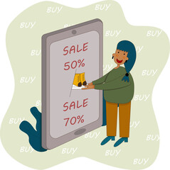 Vector illustration of a young happy woman taking out the purchased shoes from the phone screen. On the phone screen, text with sales and discounts. Illustration in the style of a cartoon.