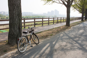 도시강변 산책로의 자전거