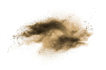 Brown powder dust cloud.Brown particles splattered on white background.