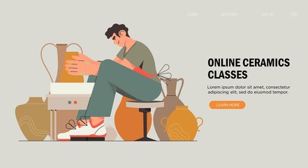 Clayware crafting hobby, online classes, handmade pottery concept. Young man on online ceramic lesson, earthenware workshop, professional clay artist in apron making ceramic jar. Vector illustration. - obrazy, fototapety, plakaty