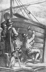Peter the Great works at a shipyard in Holland. Later Dutch engraving. Reproduction for the publication of the novel by A. Tolstoy "Peter the First", book one, Magazine and newspaper Association