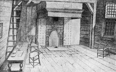 Interior view of the house in Saardam where Peter the Great lived. Reproduction for the publication of the novel by A. Tolstoy "Peter the First", book one, Magazine and newspaper Association, Moscow, 