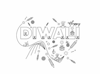 Happy Diwali text with Rocket firecrackers design. Sale Poster Banner Vector illustration.