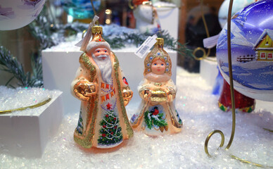 December 20, 2019 Moscow, Russia. Handmade Christmas toys on the store counter.