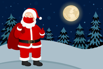 Santa in face mask show thumbs up. Night forest. Vector illustration.