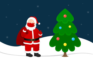Santa in face mask standing near Christmas tree. Vector illustration.
