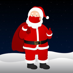 Santa in face mask standing near Christmas tree. Vector illustration.