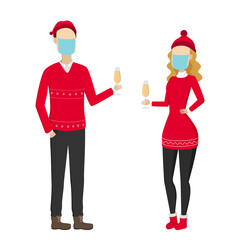 Christmas party. Couple in face masks drinking champagne. Vector illustration.