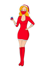 Pretty Caucasian girl in face mask hold Christmas gift in hand. Vector illustration.