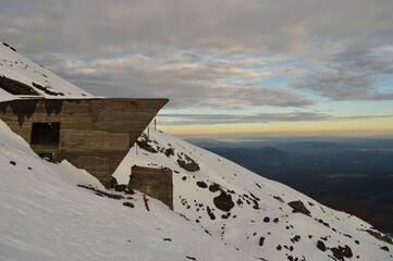 Mountain climbing during the sunrise on the snow covered active Volcan Villarrica in Pucon, Chile