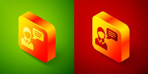 Isometric Speech bubble chat icon isolated on green and red background. Message icon. Communication or comment chat symbol. Square button. Vector.