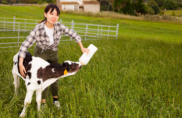 Female farmer is feeding newborn calf from bottle at summer field. High quality photo