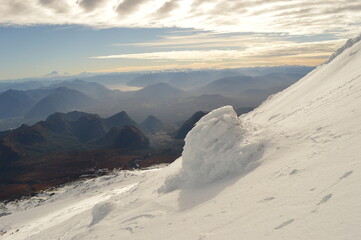 Sunrise mountain climbing on the active Volcan Villarrica in Pucon, Chile