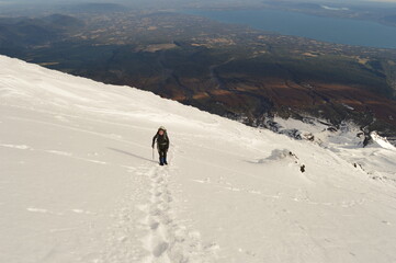 Sunrise mountain climbing on the active Volcan Villarrica in Pucon, Chile