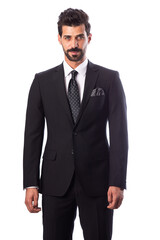 A young man wearing a black suit on a white background