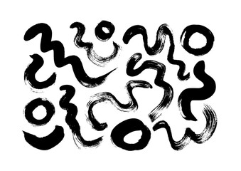 Black paint brush strokes vector collection. Hand drawn curved and wavy lines with grunge circles. Chaotic ink brush scribbles decorative set. Messy doodles, bold curvy lines illustration.