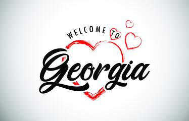 Obraz premium Georgia Welcome To Message with Handwritten Font in Beautiful Red Hearts Vector Illustration.