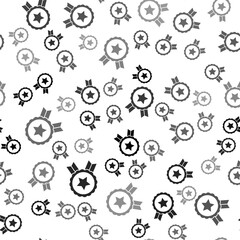 Black Medal with star icon isolated seamless pattern on white background. Winner achievement sign. Award medal. Vector.