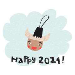 Cute greeting card design. Bull Christmas ball, symbol of 2021, snowfall blue cloud background, happy 2021 lettering