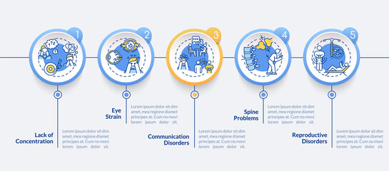 Gadget addiction side-effects vector infographic template. Health issues presentation design elements. Data visualization with 5 steps. Process timeline chart. Workflow layout with linear icons