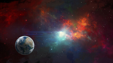 Space scene. Night earth planet with colorful fractal nebula. Elements furnished by NASA. 3D rendering