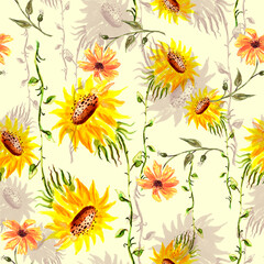 Seamless watercolour sunflowers pattern. Yellow watercolor sunflowers. Autumn plant. Watercolor logo, element, drawing for your design. Sunflower harvest. Sunflower oil. fabric, scarf, material