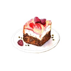 Piece of cake with raspberries on a plate. Watercolor hand painted illustration, isolated, white background  