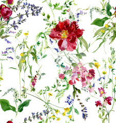 Wild Flowers Watercolor Floral Arrangements , Textile Design, Farm House Wallpaper, Country Style Print