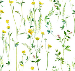Watercolor Field Flowers Background, Herbal Summer Flowers Seamless Pattern, Yellow Buttercup Textile Print 