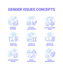 Gender issues concept icons set. Changing gender roles. Social event participation. Comunity problems types idea thin line RGB color illustrations. Vector isolated outline drawings