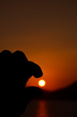 Naklejka premium Hand silhouette appearing to try to catch the sun