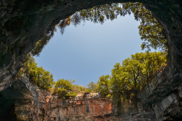 Fototapeta premium View of the vertical shaft of Melissani Cave, in Kefalonia, Greece