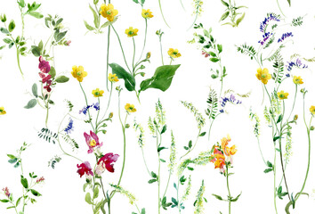 Floral Arrangements Seamless Pattern, Watercolor Wild Flowers Textile Design,  Coutry Lifestyle Rustic Motifs - 384161894