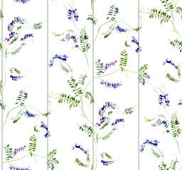 Blue Sweet Peas Wild Flowers Seamless Pattern, Vertical Stripes Background, Realistic Botanical Watercolor Print Small Leaves
